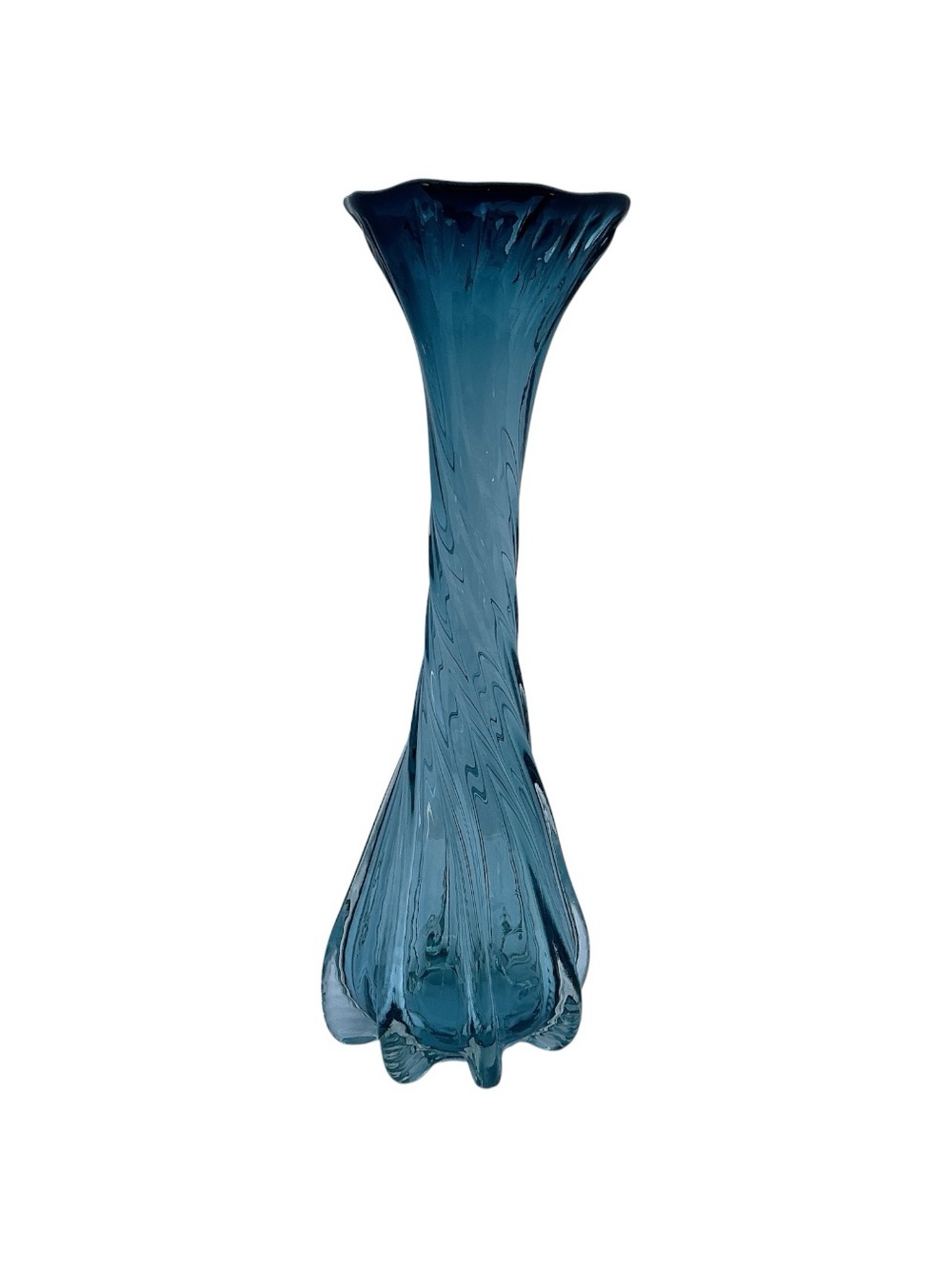 Hand Blown Art Glass Ruffled Footed Vase 16” Tall Blue Vintage - Picture 3 of 6